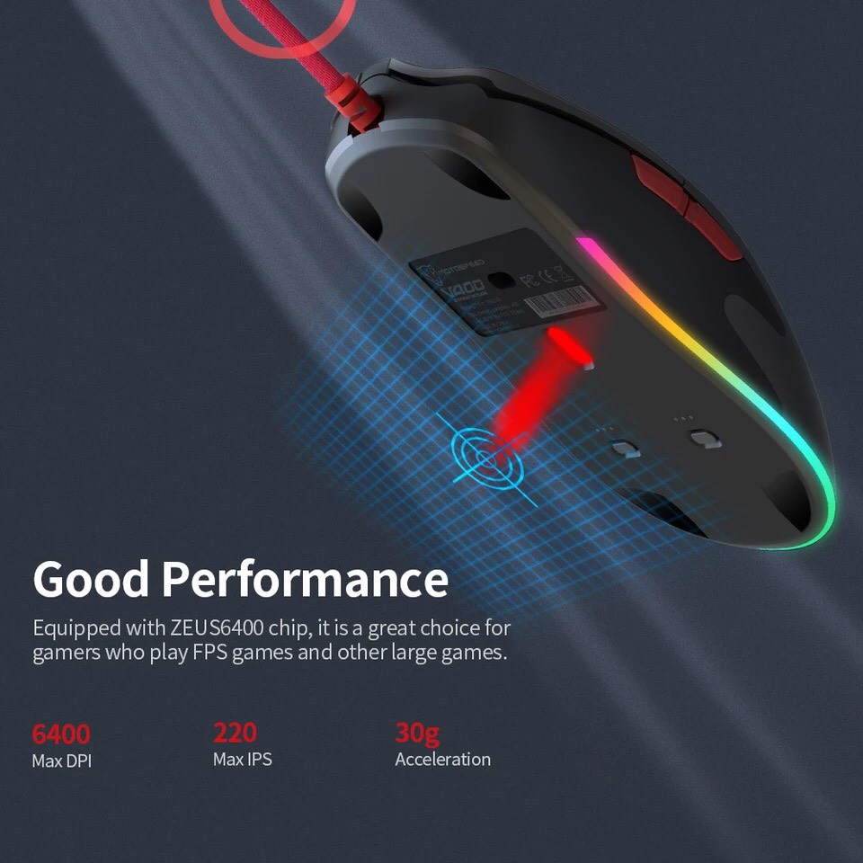 Motospeed V400 Wired Gaming Mouse RGB Backlit Mouse E-sports Mouse with 6 Adjustable DPI Levels Programmable Buttons Black
